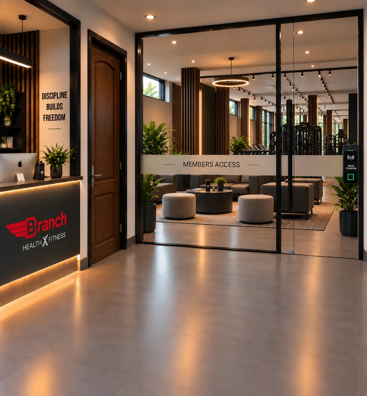 Proposed Branch members access concept with the reception desk, lounge seating and mirrored training room