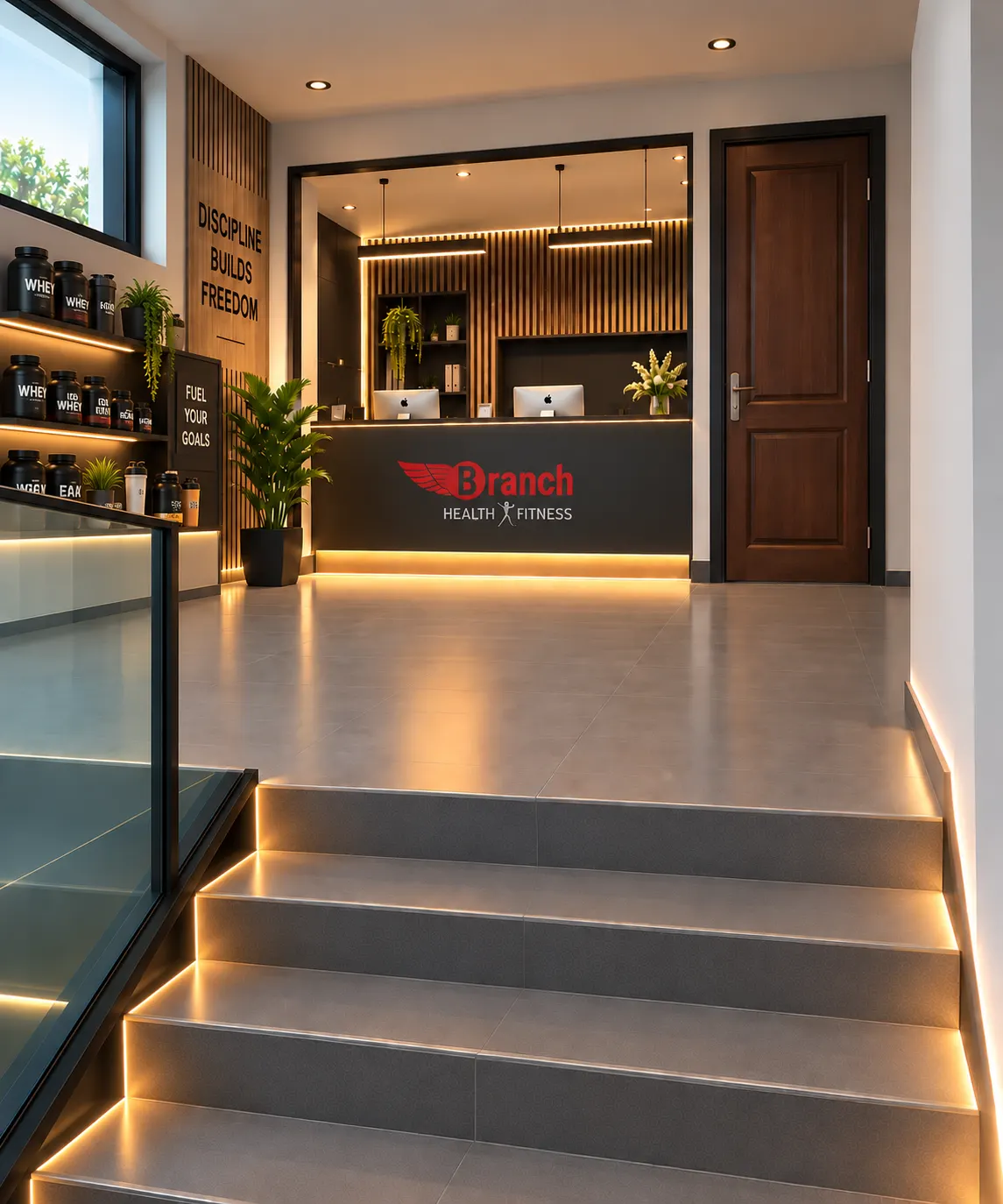Proposed Branch Health and Fitness reception concept with warm timber, focused lighting and the retained Branch identity