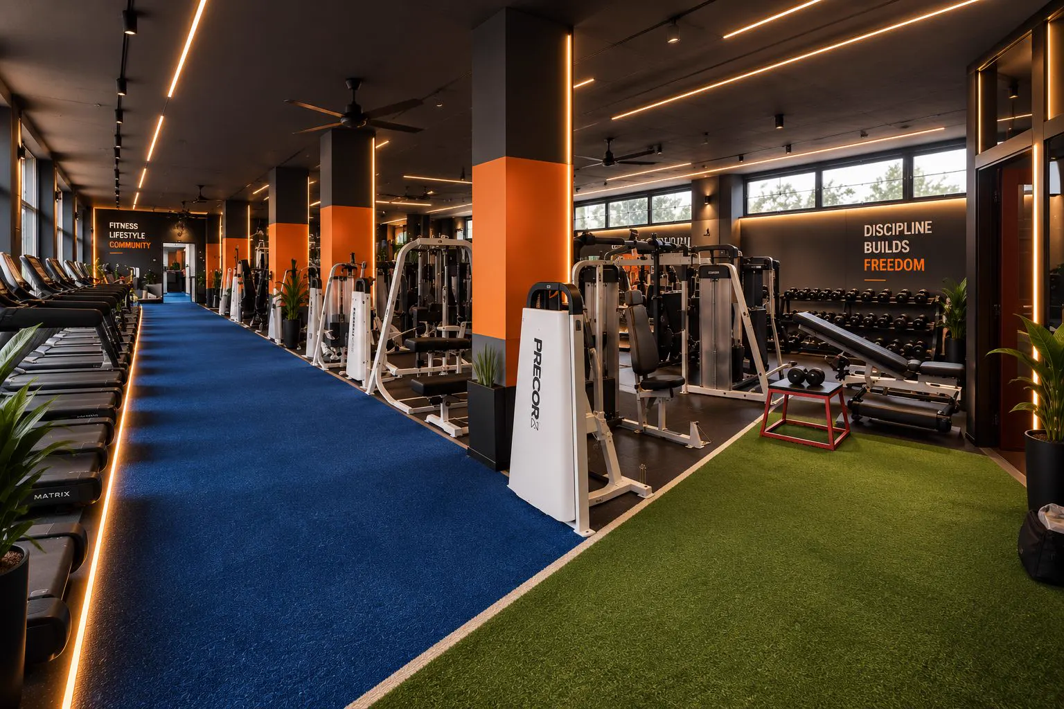 Proposed Branch training floor concept retaining equipment, blue and green zones and orange accents