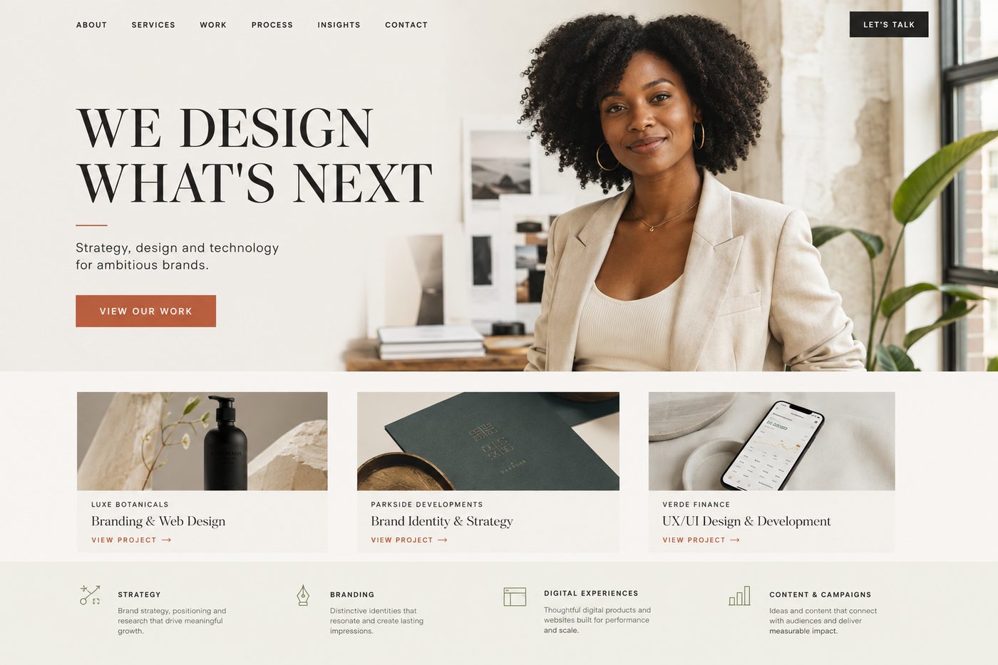 An editorial website homepage layout with a large headline and project cards beneath