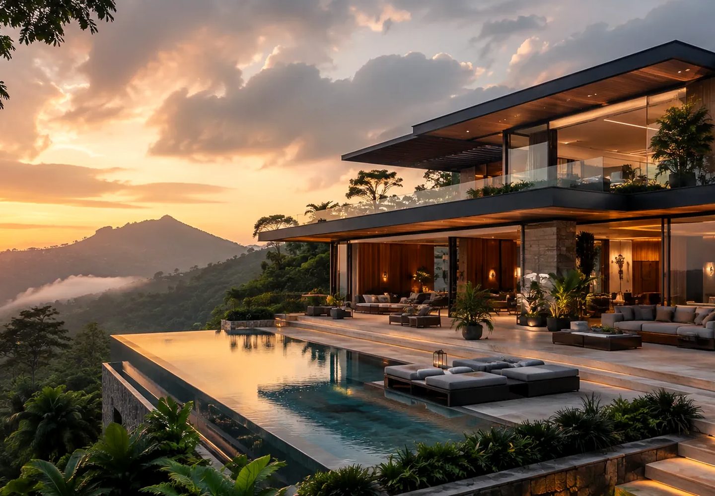 Aburi Hills private residences concept website showing a hillside home at dusk