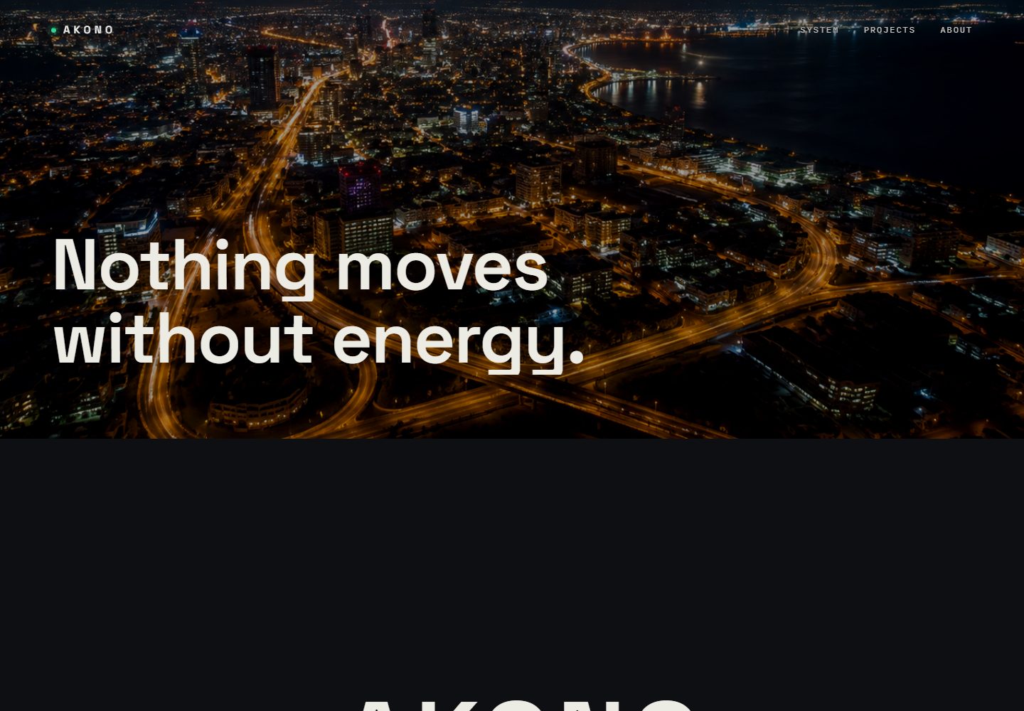 AKONO energy and infrastructure concept website showing a night city skyline