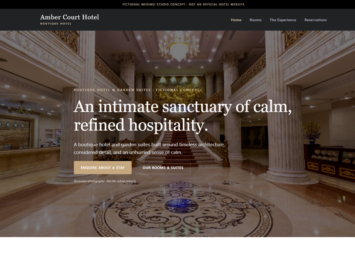 Amber Court hotel website concept with hospitality imagery and booking actions