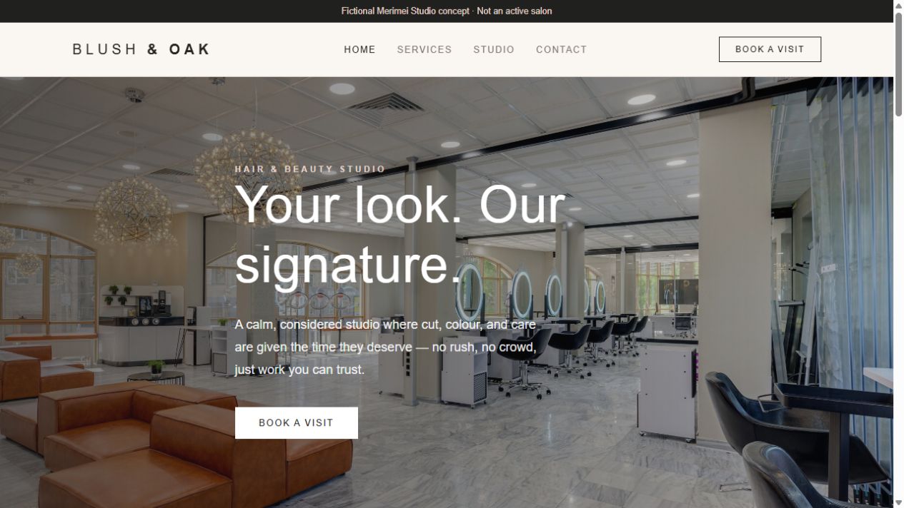 Blush and Oak business website concept showing its editorial website, studio interior and booking action