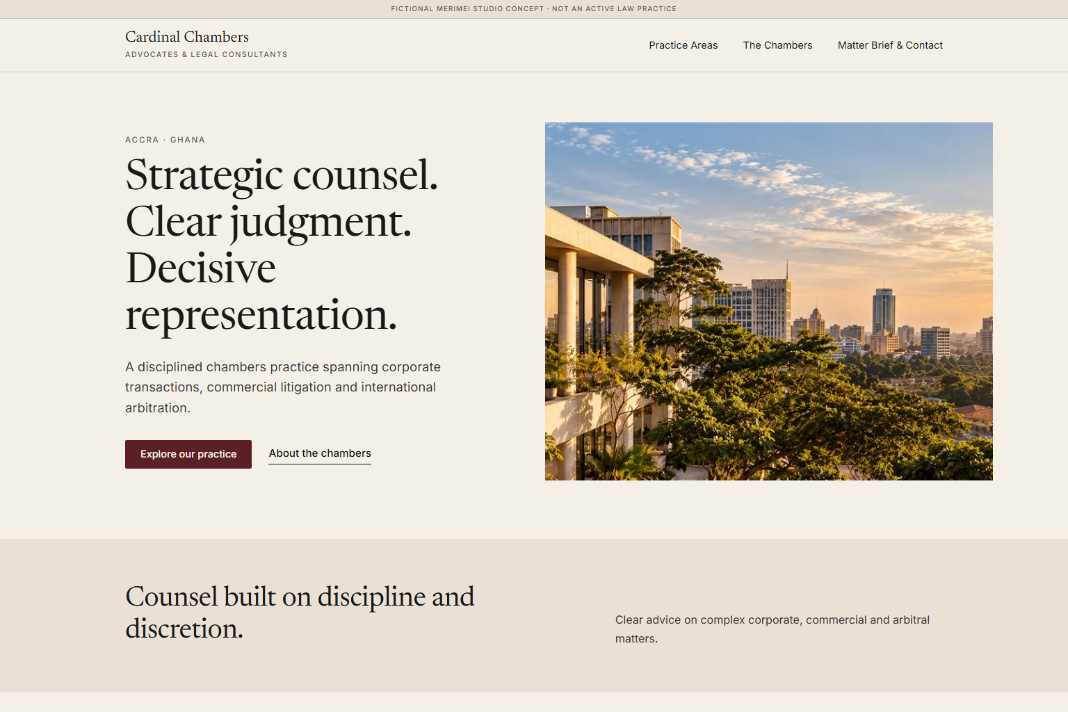 Cardinal Chambers legal website concept with editorial typography and enquiry actions