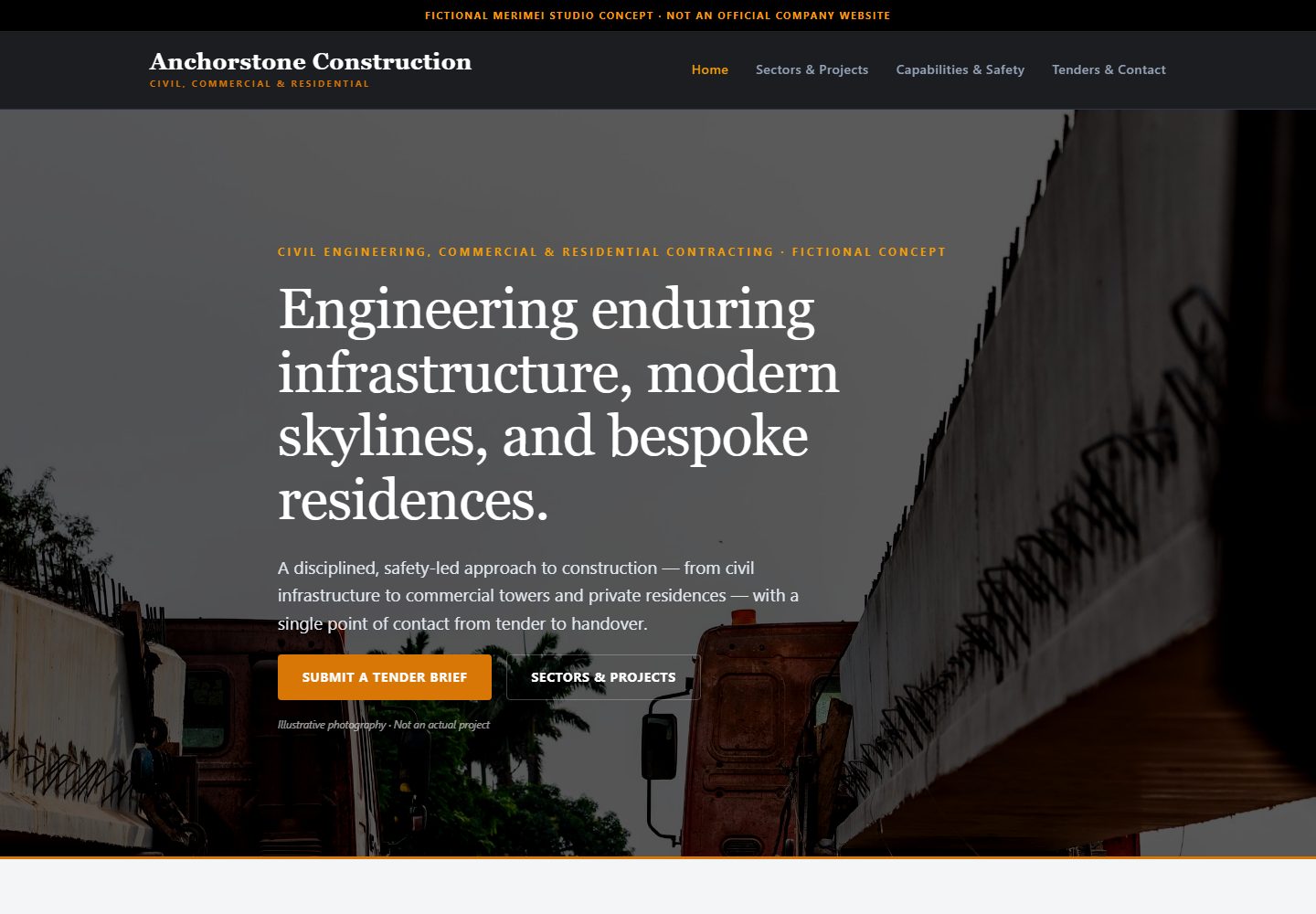 Anchorstone Construction concept website showing its navigation and infrastructure imagery