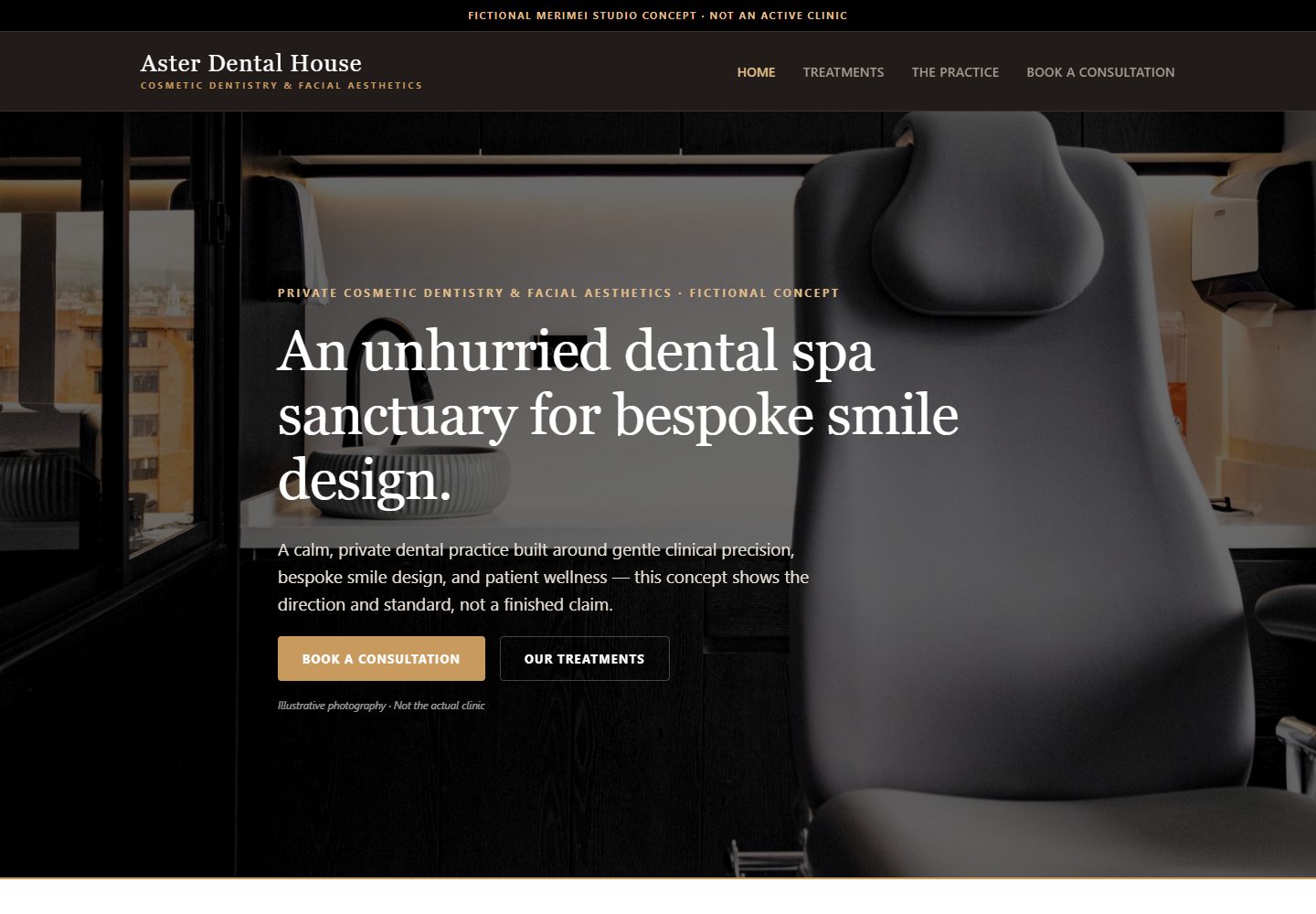 Aster Dental House concept website showing its navigation and clinic imagery