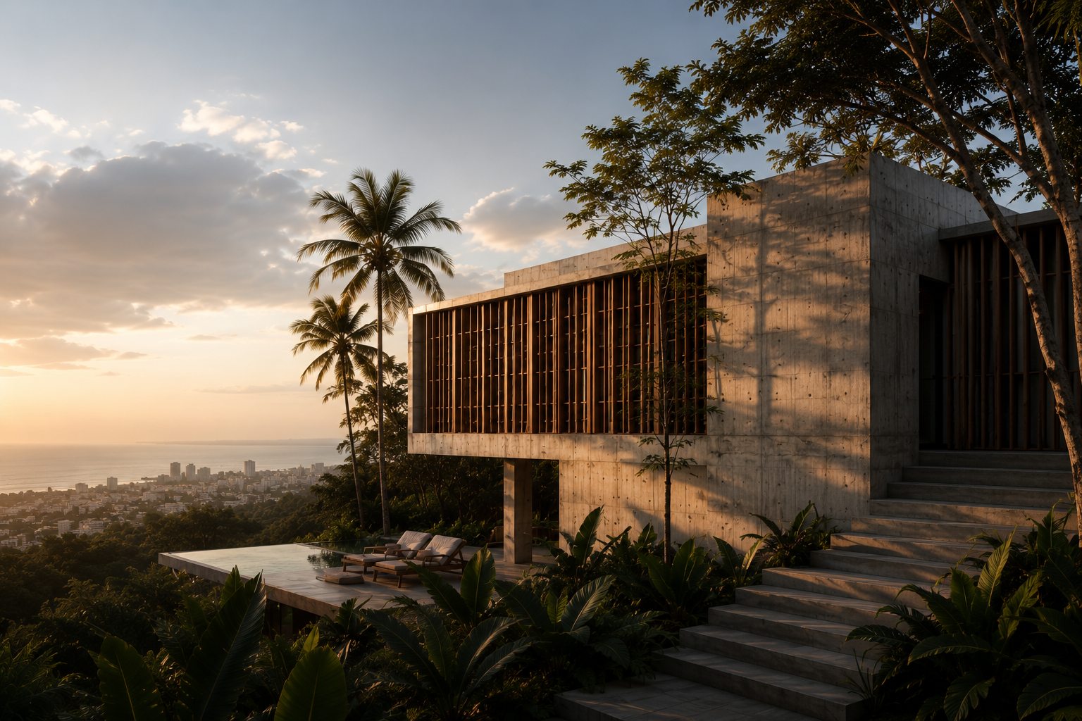 KORA contemporary architecture concept overlooking a tropical coastal city