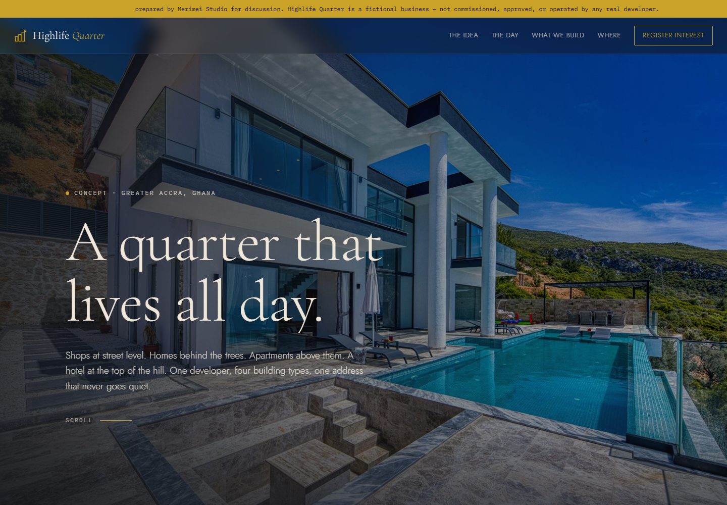 Highlife Quarter property concept website showing its navigation and residential imagery