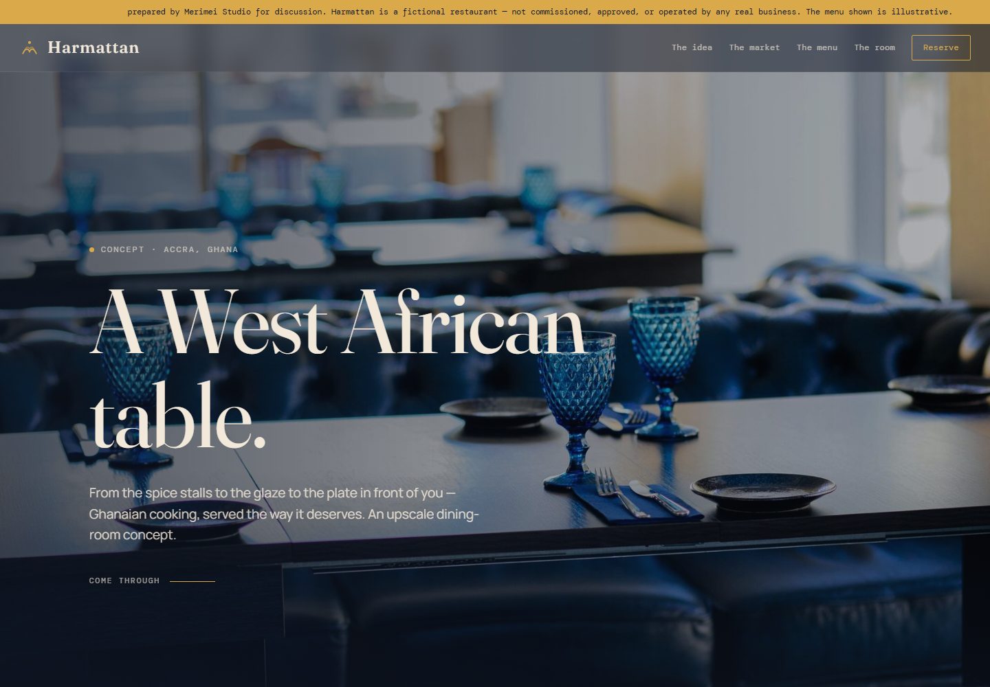 Harmattan restaurant concept website showing its navigation and dining imagery
