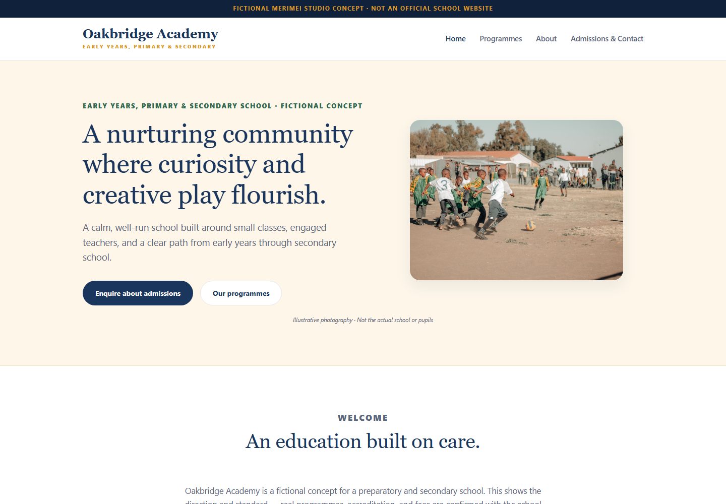 Oakbridge Academy concept website showing its navigation and school imagery