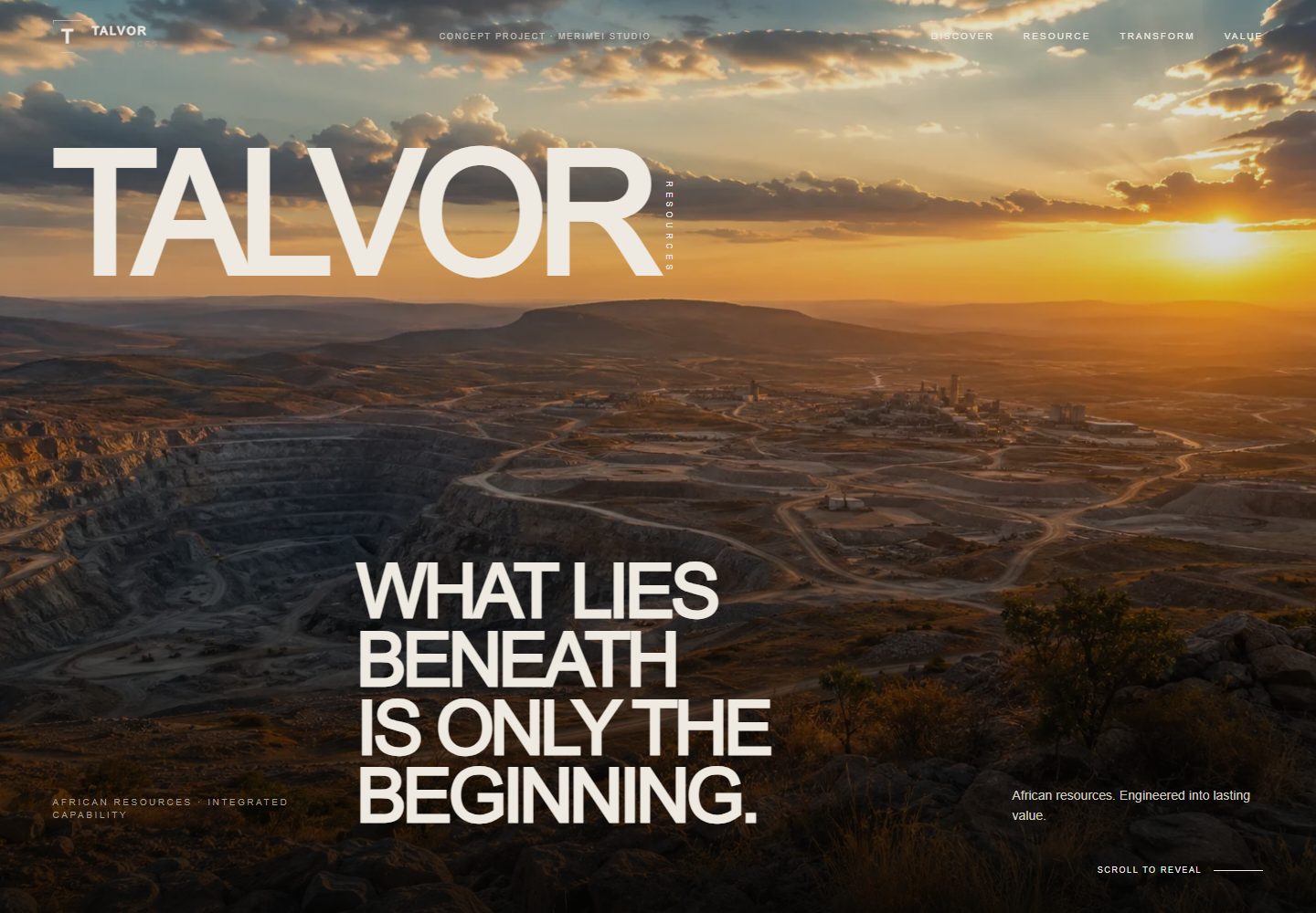 TALVOR Resources concept website showing its navigation and industrial landscape hero