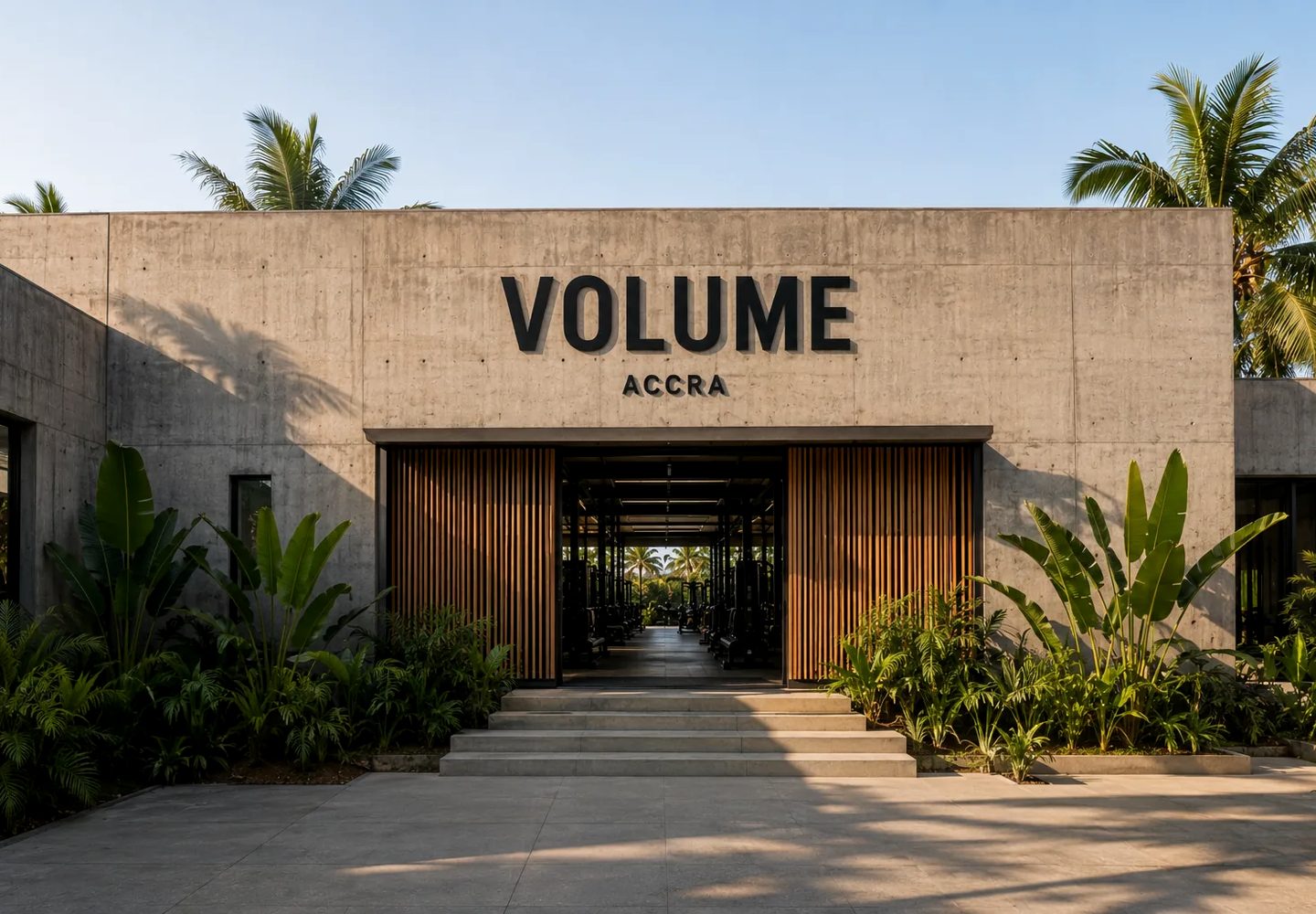 VOLUME movement club concept website showing a concrete entrance in Accra